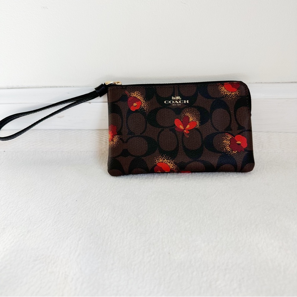 Coach Signature Poppy Floral Corner Zip Wristlet in Brown Black Multi NEW - Picture 2 of 16